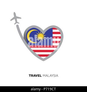 Malaysia Travel Concept. Herzform Fahne mit dem Flugzeug Stock Vektor