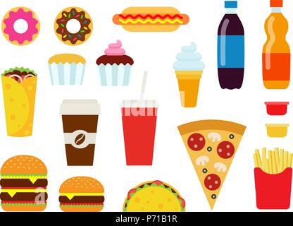Bunte fast food im flachen Stil. Junk food Vector Icons Collection. Das ungesunde Essen Abbildung. Stock Vektor