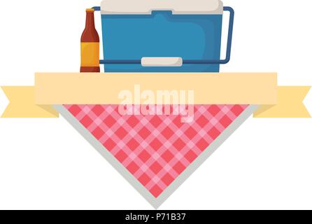 Picknick Emblem mit Essen kühler und Bier Flasche mit weißem Hintergrund, Vector Illustration Stock Vektor