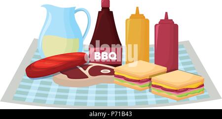 Picknick Tischdecke mit Sandwiches und Sauce Flaschen mit weißem Hintergrund, Vector Illustration Stock Vektor