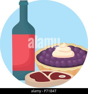 Flasche Wein mit süßen Kuchen und Steak Fleisch auf weißem Hintergrund, Vector Illustration Stock Vektor