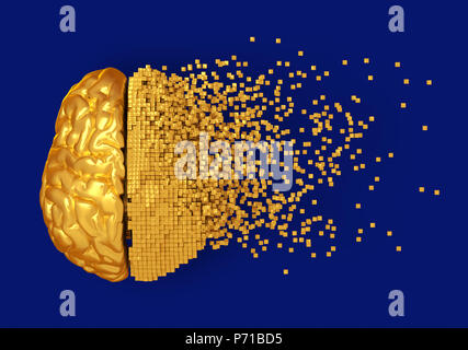 Desintegration von Golden Digital Gehirn auf blauem Hintergrund. 3D-Darstellung. Stockfoto