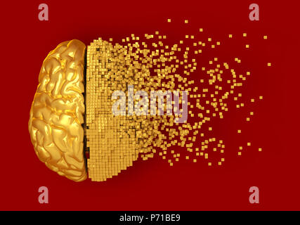 Desintegration von Golden Digital Gehirn auf roten Hintergrund. 3D-Darstellung. Stockfoto
