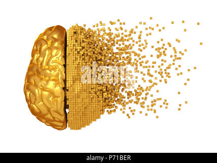 Desintegration von Golden Digital Gehirn auf weißem Hintergrund. 3D-Darstellung. Stockfoto