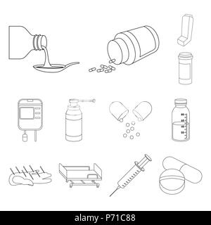 Medizin und Behandlung skizzieren Symbole im Set Sammlung für Design. Medizin und Ausrüstung vektor Symbol lieferbar Abbildung. Stock Vektor
