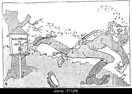 Englisch: Regrete postume ('Posthume bedauert"), politische Karikatur in der Rumänischen Zeitschrift Furnica. Allgemeine Averescu, der gerade von seinem Amt als Minister entlassen nach einem kurzen Mandat, hier gezeigt, ein Schwarm von Bienen. Auf der linken Seite, ein Bienenstock mit der Aufschrift "Kriegsministerium". Mit der Legende Veröffentlicht: De tiam c o s m Coste mierea atâta, Mai bine m lipseam! (' Hatte ich gewusst, dass dies war der Preis für Honig essen, würde ich der Stimme enthalten haben!'). 2. April 1909 31 Ion Theodorescu-Sion - Regrete postume, Furnica, 2 Apr 1909 Stockfoto