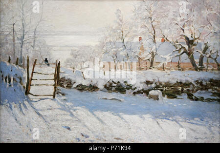 . Français: La Pie die Elster. Français: Paysage enneigé Du Peintre Impressionniste Claude Monet représentant une Pie perchée sur une Barrière. Englisch: snowscape Malerei der französischen Impressionisten Claude Monet mit der Darstellung eines einsamen Schwarzen Elster thront auf einem Zaun. . Zwischen 1868 und 1869 153 La Pie de Monet Stockfoto