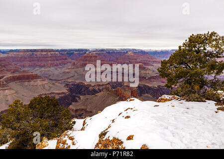 Panoramablick über das Grand Canyon South Rim. Felsen im Vordergrund sind mit frischem Schnee bedeckt; North Rim und Sturm Wolken im Hintergrund. Stockfoto