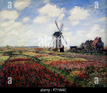 Englisch: Tulip Felder mit dem Rijnsburg Mühle Öl auf Leinwand, 1886, 65,6 x 81,5 cm (25 3/4 x 32 Zoll) Private Sammlung. 1886 166 Monet Tulip Felder mit dem Rijnsburg Mühle 1886 Stockfoto