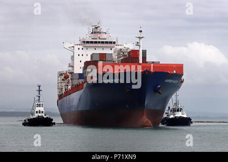 Bild von Tim Manschette vom 4. Februar 2018 - Die Harrier Hunter navigiert den Schnitt, das größte Schiff auf dem Port Nelson, Neuseeland eingeben Stockfoto