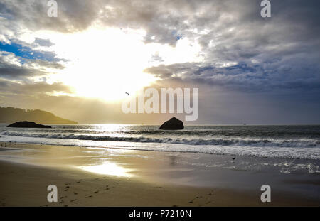 Die Sonne in einer Flamme von Orange und Gelb auf eine völlig einsame Strecke von Marshall's Beach nur wenige Minuten von der Innenstadt von San Francisco, CA Stockfoto