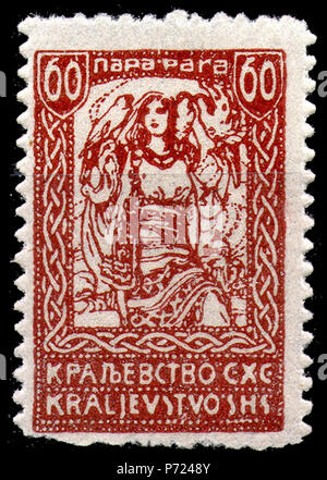 Englisch: Stempel Porto aus dem Verigar Problem in der slowenischen Regionen des Staates der Slowenen, Kroaten und Serben, 60 Para, Mädchen mit drei Falken, 1920:'',,, 60,, 1920. 1920 27 KingdomSHSgirlfalcons 60 Para 1920 Stockfoto