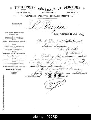 Français: Demande d'à valoir de mille Francs sur les Travaux exécutés dans la Maison de Madame Marguerie, rue Rochelle à-Bar-le-Duc, par L. Bazire, Entreprise Générale de peinture. Bar-le-Duc, le 13 septembre 1913. 5. August 2013, 08:39:50 4 A-Valoir Bazire Stockfoto