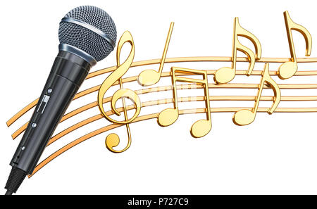 Musikalische Konzept. Mikrofon mit Noten, 3D-Rendering auf weißem Hintergrund Stockfoto