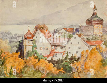 Blick über die Altstadt von Bregenz mit dem Martinsturm in den Bodensee. Aquarell über Kohle. 21,5 x 30 cm. Vor 1922 22 Georg Drah Bregenz Stockfoto