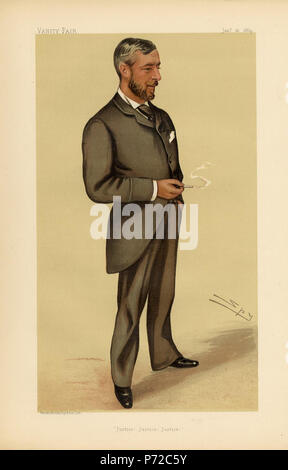 Englisch: Karikatur (M 0295) Der britische Diplomat Sir Edward Malet (1837-1908), in der britischen Zeitschrift Vanity Fair am 12. Januar 1884 veröffentlicht. Die Karikatur kennzeichnete eine Caption, 'Gerechtigkeit! Gerechtigkeit! Gerechtigkeit!", und zeigt einen bärtigen Sir Edward Malet tragen einen Flügel Kragen und rauchen eine Zigarette. 12 Januar 1884 76 Sir Edward Malet Stockfoto