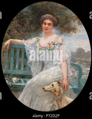 English: Porträt einer eleganten Dame mit Hund (laut Überlieferung Porträt der MezzoSopranistin Vera Nimidoff), signiert H. Gervex, Öl auf Leinwand, 126 x 107 cm, oval. Vor 1929 139 Henri Gervex Damenportrait Stockfoto