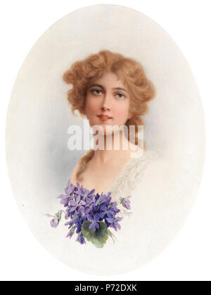 English: Porträt einer jungen Dame mit Veilchen, signiert R. R.V. Wichera, Öl auf Holz im Oval, Ca. 40 x 29,5 cm. Von 1925 183 Raimund von Wichera Damenportrait mit Veilchen Stockfoto