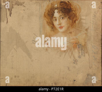 English: Skizze eines Frauenkopfes bezeichnet "GRISETTE"; auf der Rückseite des Dreiviertelportraits einer Dame mit Hut in gelbem Kleid, signiert E. Veith, Nr. 599, Ölmischtechnik auf Malkarton, 82 x 68,5 cm. Vor 1925 35 Eduard Veith Dame mit Hut in gelbem Kleid (rückwärts) Stockfoto