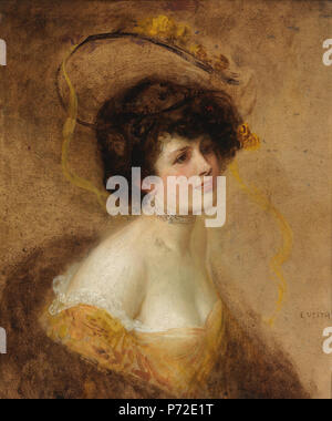 English: Dreiviertelportrait einer Dame mit Hut in gelbem Kleid, rückseitig signiert E. Veith, Skizze eines Frauenkopfes bezeichnet Grisette, Nr. 599, Ölmischtechnik auf Malkarton, 82 x 68,5 cm. Vor 1925 35 Eduard Veith Dame mit Hut in gelbem Kleid Stockfoto