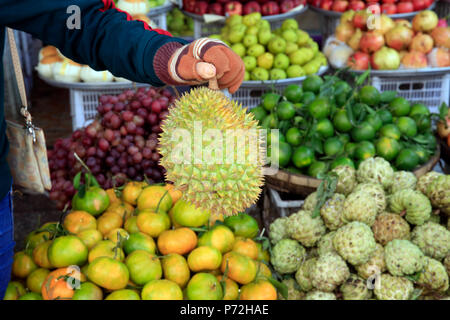 Frau kaufen Durian aus tropischen Früchten in Morgen Markt in Duong Dong Stadt ausgeht, Phu Quoc, Vietnam, Indochina, Südostasien, Asien Stockfoto