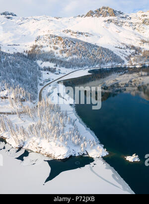 Antenne Panoramablick auf Straße um gefrorenen See Sils, PLAUN DA LEJ, Maloja Region, Kanton Graubünden, Engadin, Schweiz, Europa (Drone) Stockfoto