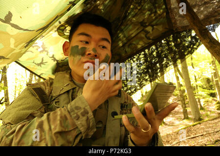 US Army Spc. Segi Lee der Regiments Support Squadron, gilt 2d Kavallerie-Regiment militärischen Gesicht malen während der Durchführung von defensiven Operationen während Saber Junction 17 im Hohenfels Trainingsbereich, Deutschland, 11. Mai 2017. Säbel Junction 17 ist der US-Army Europe 2d Kavallerie-Regiment Kampftraining Zentrum Zertifizierung Übung, statt an den Joint Multinational Readiness Center in Hohenfels, Deutschland, April 25-Mai 19, 2017. Die Übung soll die Bereitschaft des Regiments, einheitliches Land tätig, mit Schwerpunkt auf Proben des Übergangs fr Stockfoto