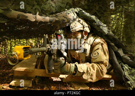 US Army Spc. Segi Lee der Regiments Support Squadron, scannt 2d Kavallerie-Regiment seinen Sektor des Feuers während der Durchführung von defensiven Operationen während Saber Junction 17 im Hohenfels Trainingsbereich, Deutschland, 11. Mai 2017. Säbel Junction 17 ist der US-Army Europe 2d Kavallerie-Regiment Kampftraining Zentrum Zertifizierung Übung, statt an den Joint Multinational Readiness Center in Hohenfels, Deutschland, April 25-Mai 19, 2017. Die Übung soll die Bereitschaft des Regiments, einheitliches Land tätig, mit Schwerpunkt auf den Übergang von Proben Stockfoto