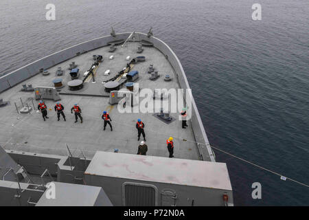 Pazifik (11. Mai 2017) Matrosen an Bord des amphibious Transport dock Schiff USS San Diego LPD (22) die Telefon- und abstand Linie während einer Auffüllung Hebe-auf-See mit der Flotte Auffüllung öler USNS Henry J. Kaiser (T-AO 187). Der Amerika Amphibious Ready Gruppe ist die Durchführung einer Composite Trainingsgerät Übung vor der Küste von Südkalifornien in Vorbereitung für einen Einsatz später dieses Jahr. Stockfoto