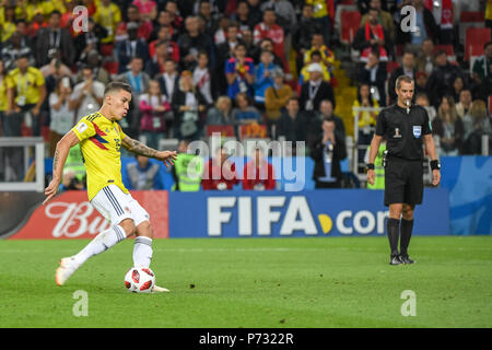 Moskau, Russland. Juli 03, 2018: Mateus Uribe von Kolumbien fehlt seine Strafe. bei Spartak Stadium während der Runde 16 Match zwischen England und Kolumbien während der WM 2018. Ulrik Pedersen/CSM Credit: Cal Sport Media/Alamy leben Nachrichten Stockfoto