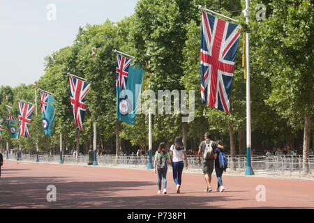 London UK > 4. Juli 2018. Flags der Royal Air Force sind entlang der Mall drapiert in die Vorbereitungen für die RAF Centenary wie die Royal Air Force feiert 100 Jahre seit der Gründung im Jahr 1918 forned nach dem Ersten Weltkrieg Credit: Amer ghazzal/Alamy Live News war Stockfoto