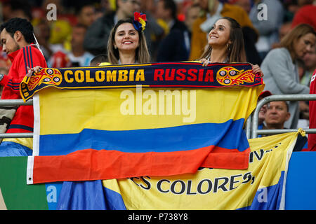 Moskau, Russland. 3. Juli 2018. Kolumbien Fans vor der 2018 FIFA World Cup Runde 16 Match zwischen Kolumbien und England bei Spartak Stadium am 3. Juli 2018 in Moskau, Russland. Credit: PHC Images/Alamy leben Nachrichten Stockfoto