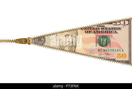 Fünfzig Dollar Bill mit Reißverschluss und Kopieren. Stockfoto