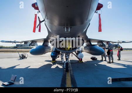Us Air Force Piloten mit der 13 Fighter Squadron von Misawa Air Base, Japan, Führen Sie Wartungsarbeiten an einer F-16 Fighting Falcon bei nördlichen Rand 2017 Eielson Air Force Base, Alaska, 11. Mai 2017. NE 17 beteiligten ca. 200 Flugzeuge einschließlich F-15E Strike Eagles, F-16C Fighting Falcons, FA-18D Hornissen, EA-6B Prowlers und fast 800 Flugzeuge Betreuer Einsatzbereitschaft zu einem Zeitpunkt zu gewährleisten. Stockfoto