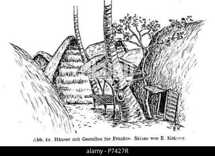 Français: Entreposage de Obst Près d'une Maison sur l'île de Tobi, dessin de Elisabeth Krämer-Bannow. Seite 55 du Livre de Eilers. Zwischen 1908 und 1910 3 Obst Rack in der Nähe ein Haus auf der Insel Tobi Stockfoto