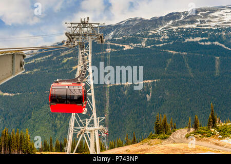 Blick von oben auf die dicken, flauschigen weissen Wolken im blauen Himmel über bewaldete Berge mit Schmutz, Straße, Land, Straße, Nadelbäume, Seilbahn mit roten gondol Stockfoto