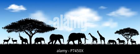 Silhouetten der wilden Tiere der Afrikanischen Savanne. Wilde afrikanische Tiere gegen den blauen Himmel. Stock Vektor