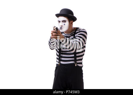 Mime mit Pistole auf weißem Hintergrund Stockfoto