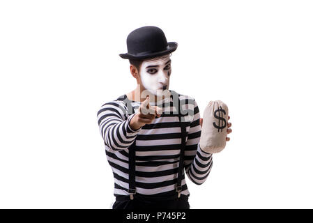 Mime mit Geldbeutel auf weißem Hintergrund Stockfoto