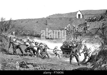 Die Rebellion in Transvaal 1881, britische Truppen, die einen Fluß überquert, Erster Burenkrieg, auch erste Anglo-Boer Krieges, der Krieg oder der Transvaal Transvaal Rebellion, 1880 - 1881, digital verbesserte Reproduktion von einem ursprünglichen Drucken aus dem Jahr 1881 Stockfoto