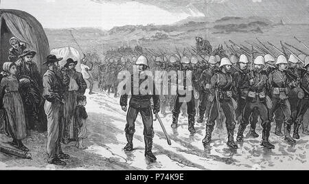 Die Rebellion in Transvaal 1881, Britische Infanterie auf dem März, Erster Burenkrieg, auch erste Anglo-Boer Krieges, der Krieg oder der Transvaal Transvaal Rebellion, 1880 - 1881, digital verbesserte Reproduktion von einem ursprünglichen Drucken aus dem Jahr 1881 Stockfoto