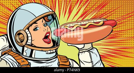 Hunger Frau Astronaut essen Hot Dog Würstchen Stock Vektor