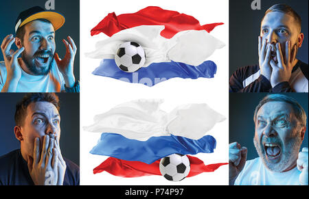 Die Collage über Emotionen der Fußball-Fans von Russland und Kroatien wimmelt und Flaggen auf weißem Hintergrund Stockfoto