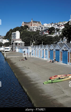 Historische boot Schuppen an der Oriental Bay, Wellington, Neuseeland Stockfoto