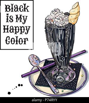 Schwarzes Einhorn Eis Milch Shake mit Hand geschrieben Schwarz ist meine glückliche Farbe Schriftzug Slogan. Trendy Pastelltönen Gothic fantasy Dessert. Halloween behandeln. Ca Stock Vektor