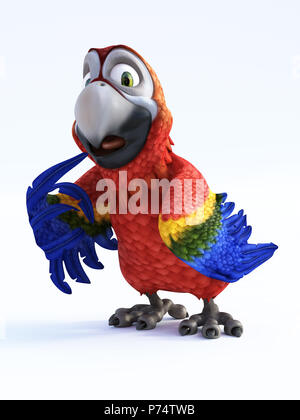 3D-Rendering von Cartoon Parrot überrascht oder Wie hat er gesprengt worden. Weißer Hintergrund. Stockfoto