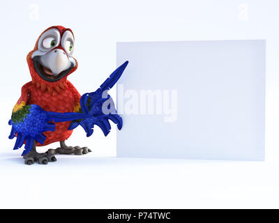 3D-Rendering von Cartoon parrot Lächeln und zeigte mit seinem Flügel auf eine leere Zeichen. Weißer Hintergrund. Stockfoto