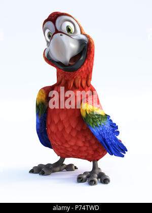 3D-Rendering von Cartoon Parrot lächelnd und sehr glücklich. Weißer Hintergrund. Stockfoto