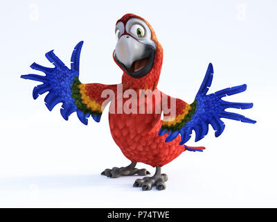 3D-Rendering von Cartoon Parrot lächelnd und sehr zufrieden mit seinen Flügeln. Weißer Hintergrund. Stockfoto