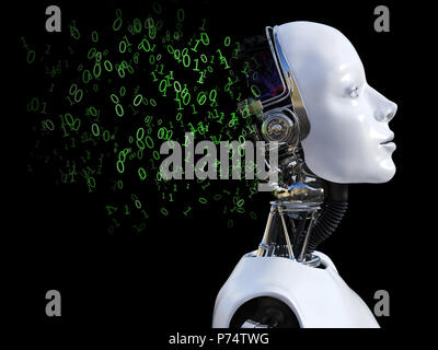 3D-Rendering der Kopf einer weiblichen Roboter. Der Kopf ist Breaking Apart mit Nullen und Einsen aus zu kommen. Schwarzen Hintergrund. Stockfoto